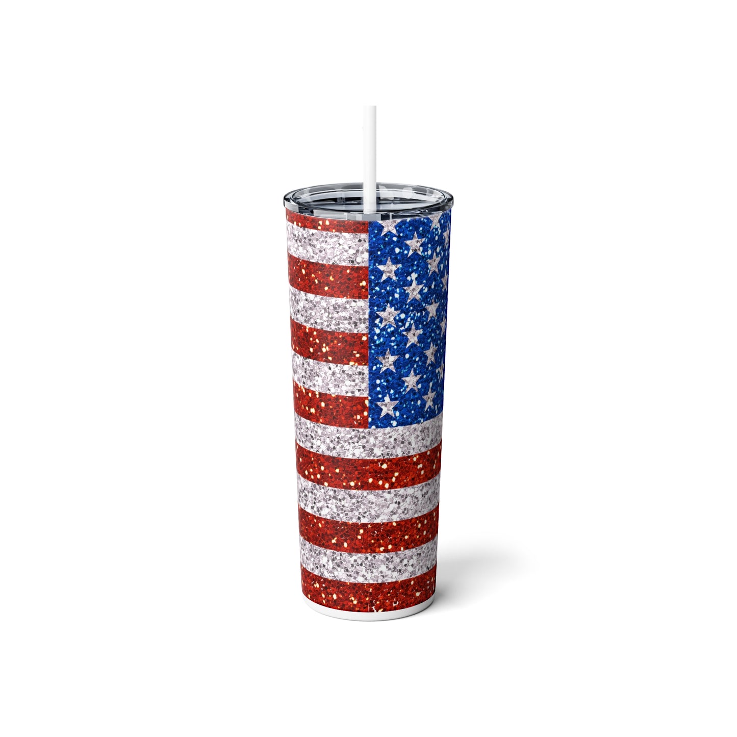 American Flag Glitter Steel Tumbler with Straw, 20oz