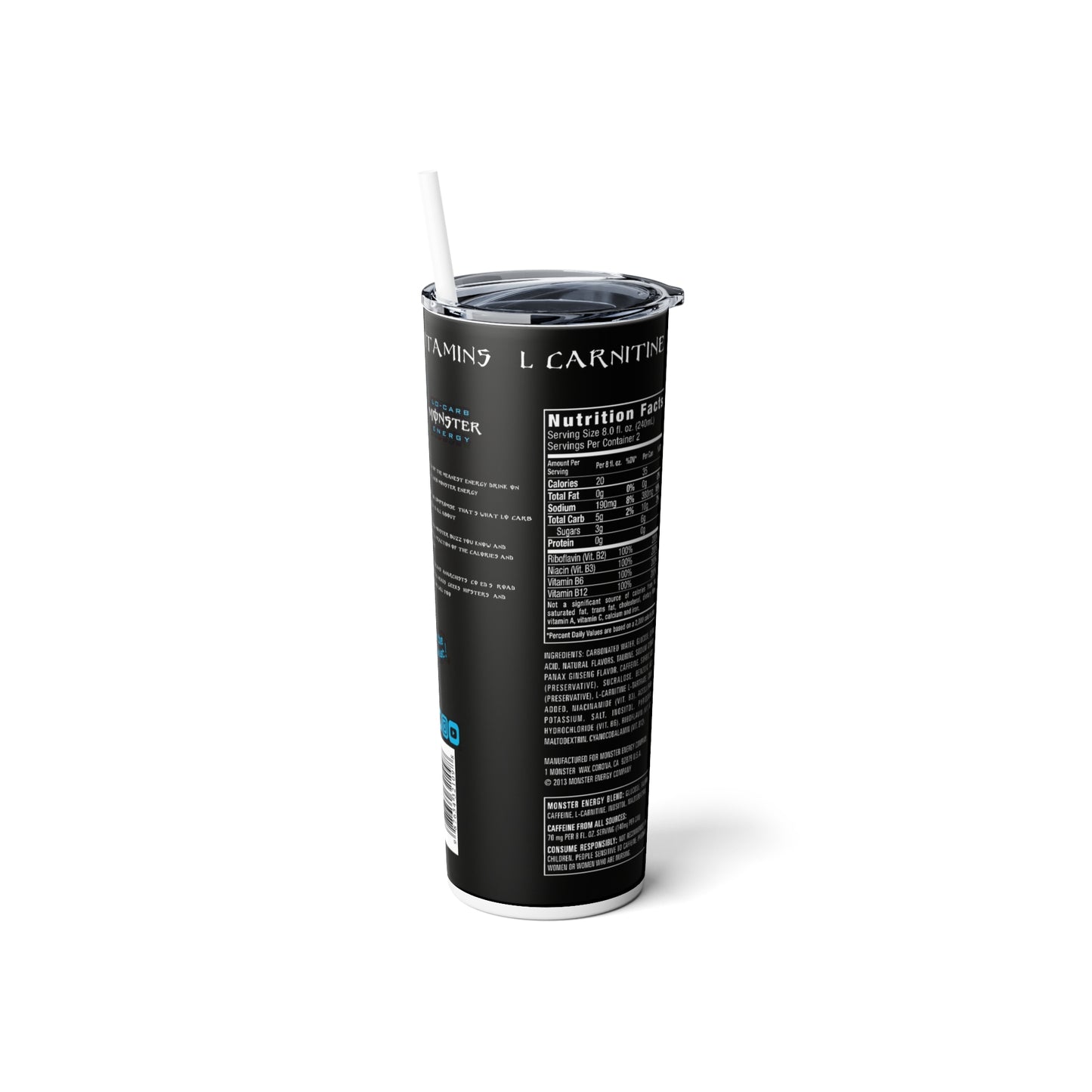 Energy Drink Inspired Skinny Steel Tumbler with Straw, 20oz