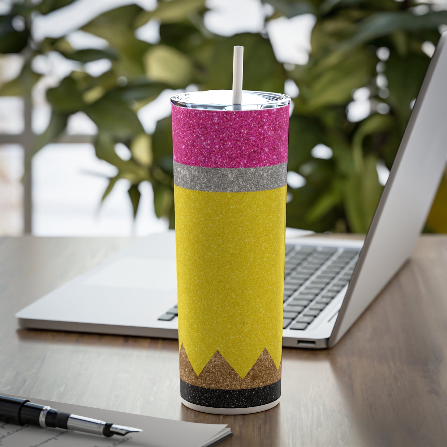 Teacher Glitter Pencil Skinny Steel Tumbler with Straw, 20oz