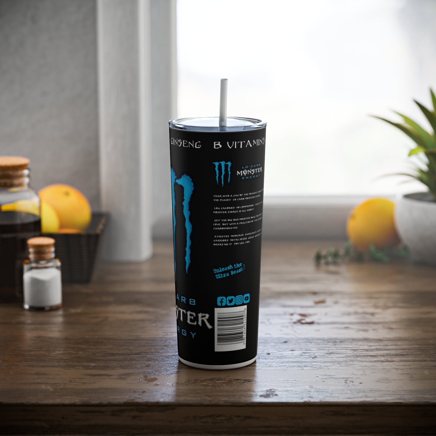 Energy Drink Inspired Skinny Steel Tumbler with Straw, 20oz