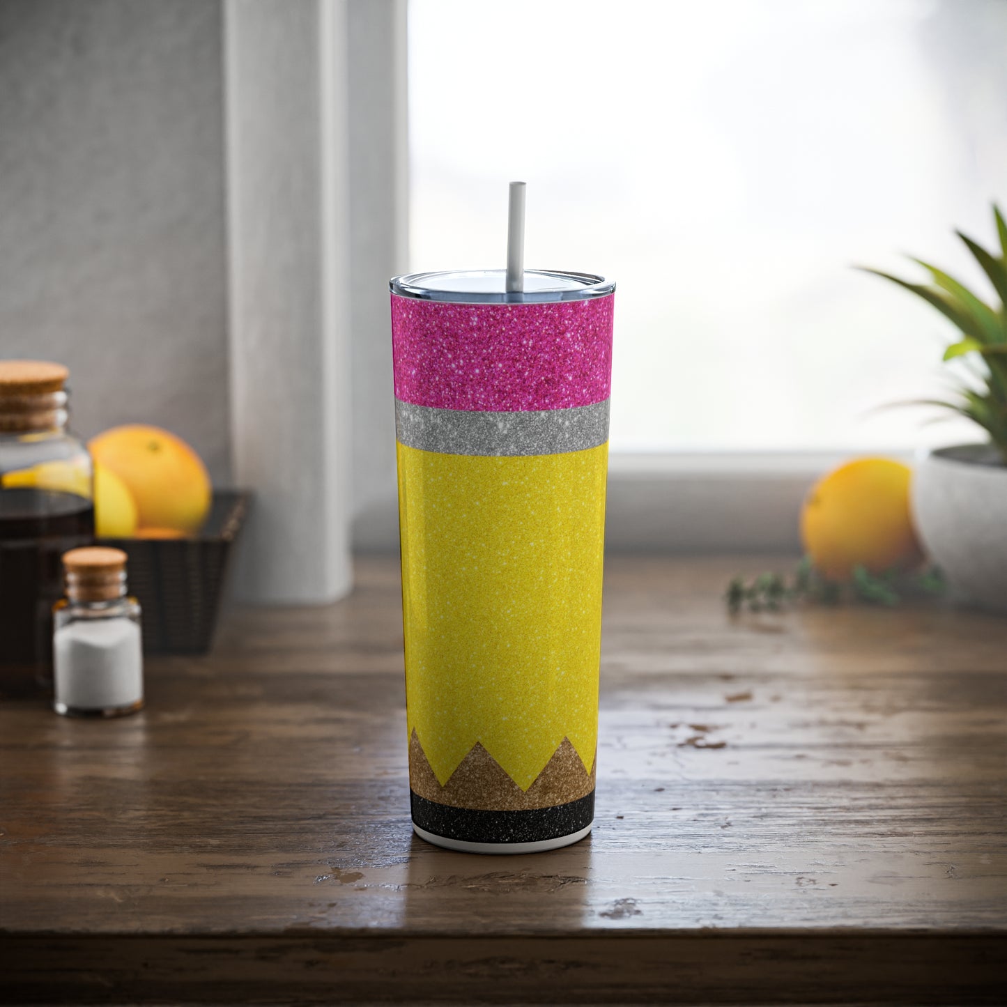 Teacher Glitter Pencil Skinny Steel Tumbler with Straw, 20oz