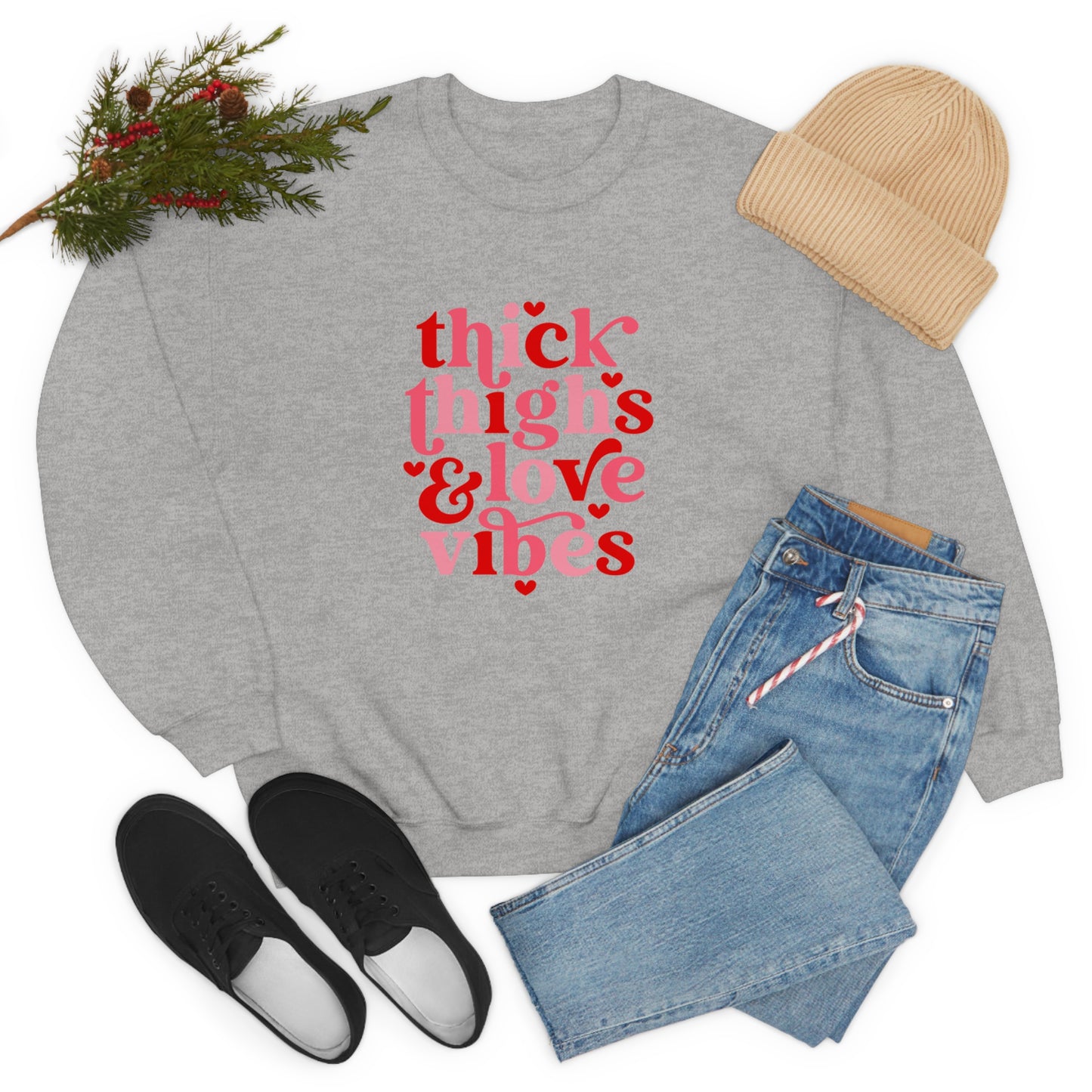Thick Thighs Love Vibes Valentines Day Unisex Heavy Blend Crewneck Sweatshirt