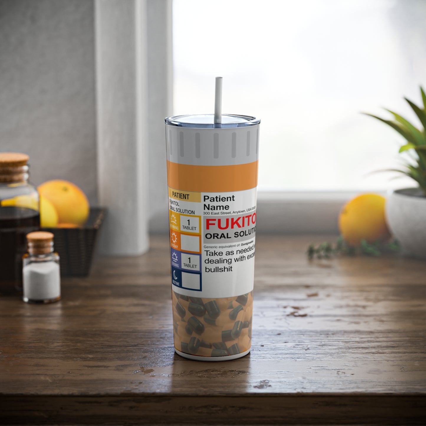 Fukitol Prescription Skinny Steel Tumbler with Straw, 20oz