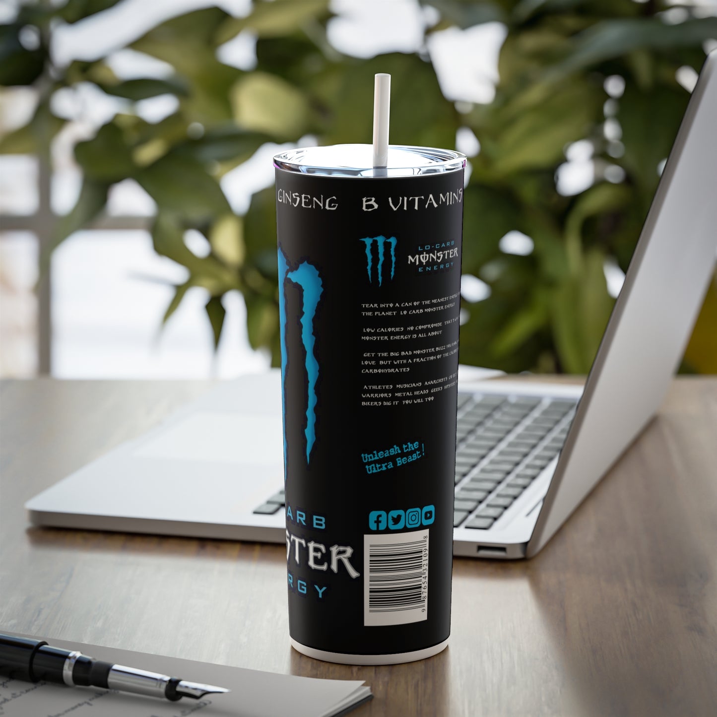 Energy Drink Inspired Skinny Steel Tumbler with Straw, 20oz