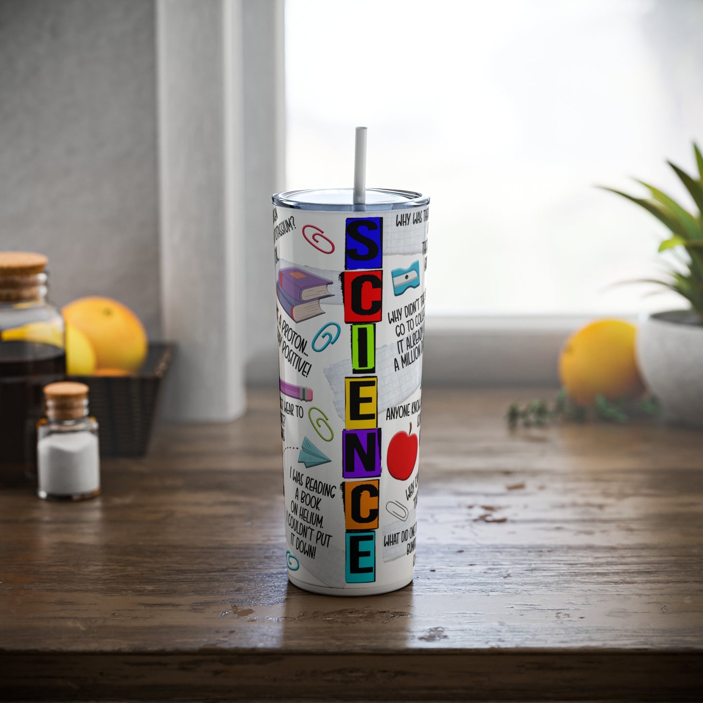 Science Teacher Skinny Steel Tumbler with Straw, 20oz