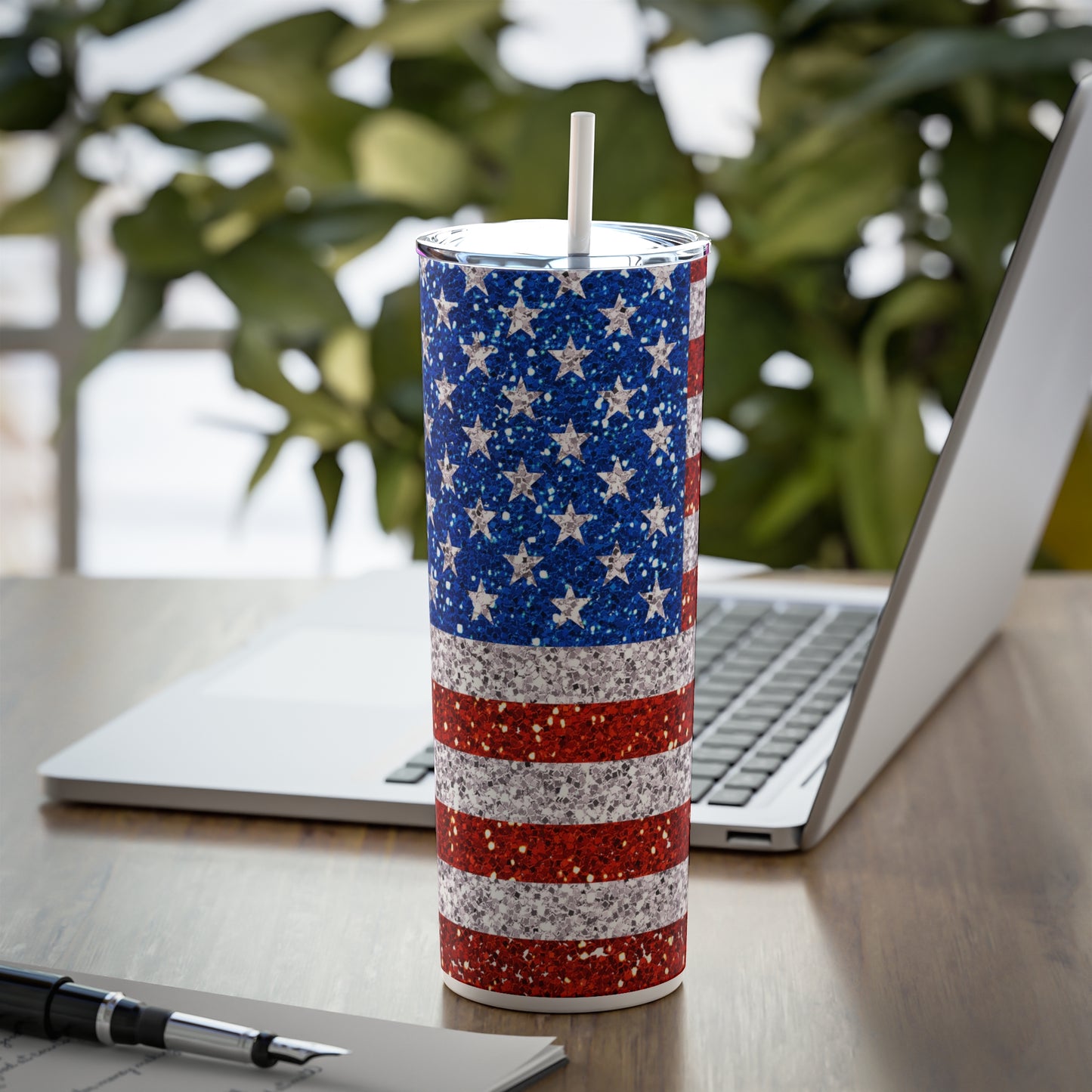 American Flag Glitter Steel Tumbler with Straw, 20oz