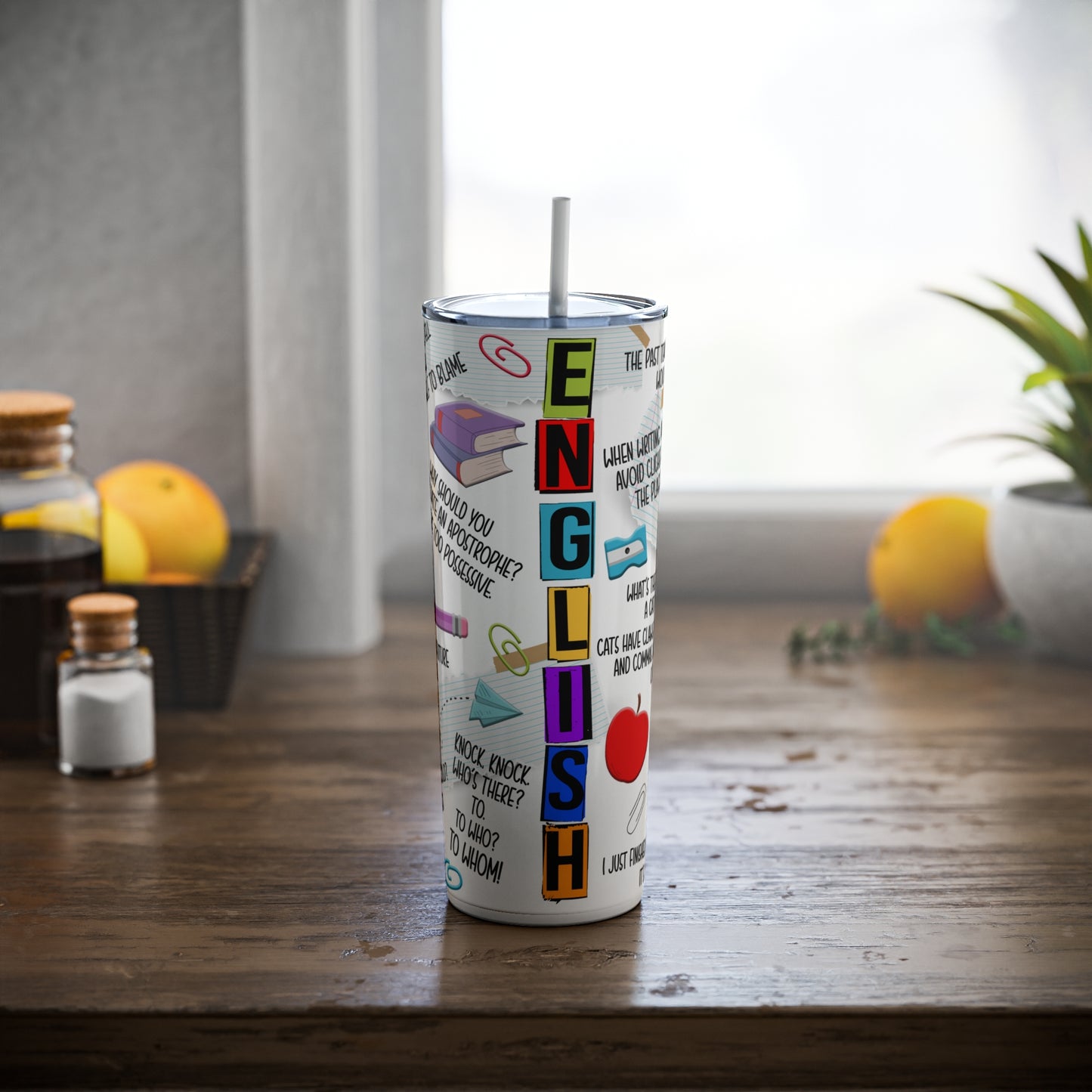 English Teacher Skinny Steel Tumbler with Straw, 20oz