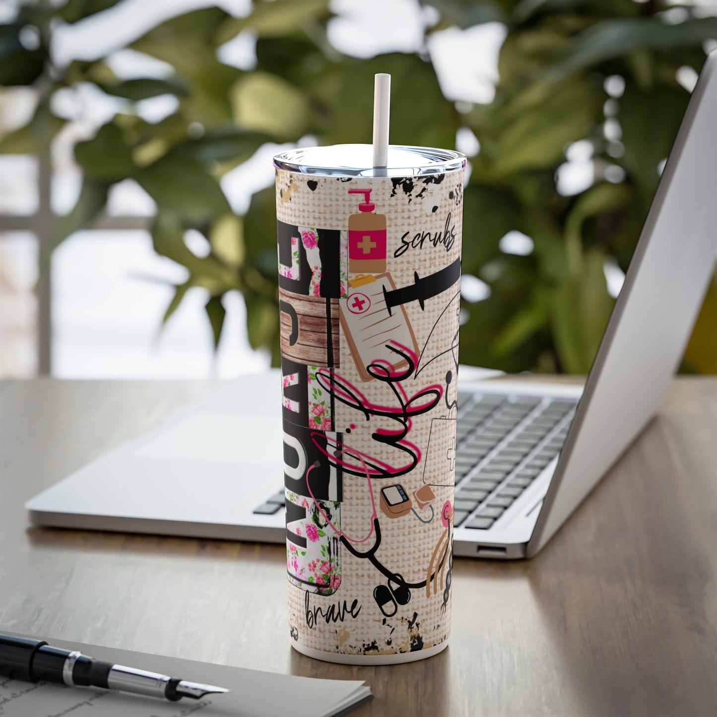 Nurse Skinny Steel Tumbler with Straw, 20oz