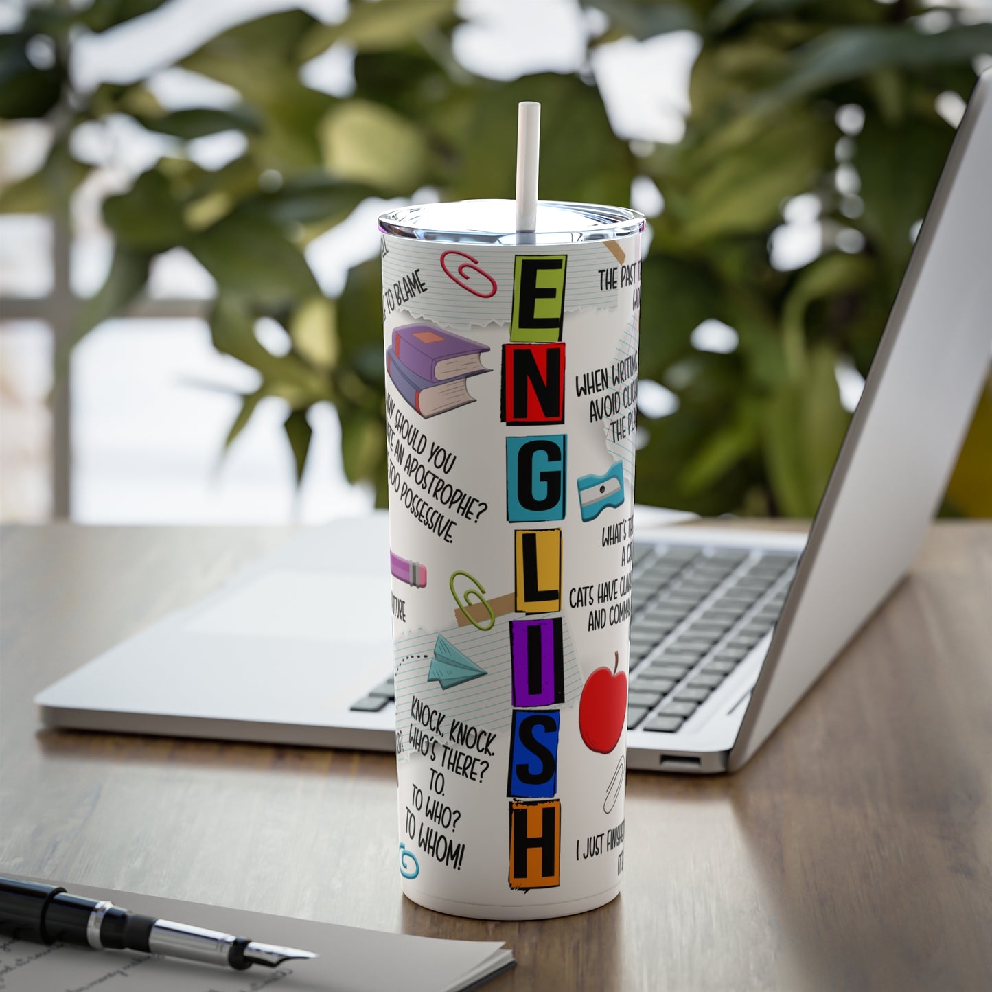 English Teacher Skinny Steel Tumbler with Straw, 20oz