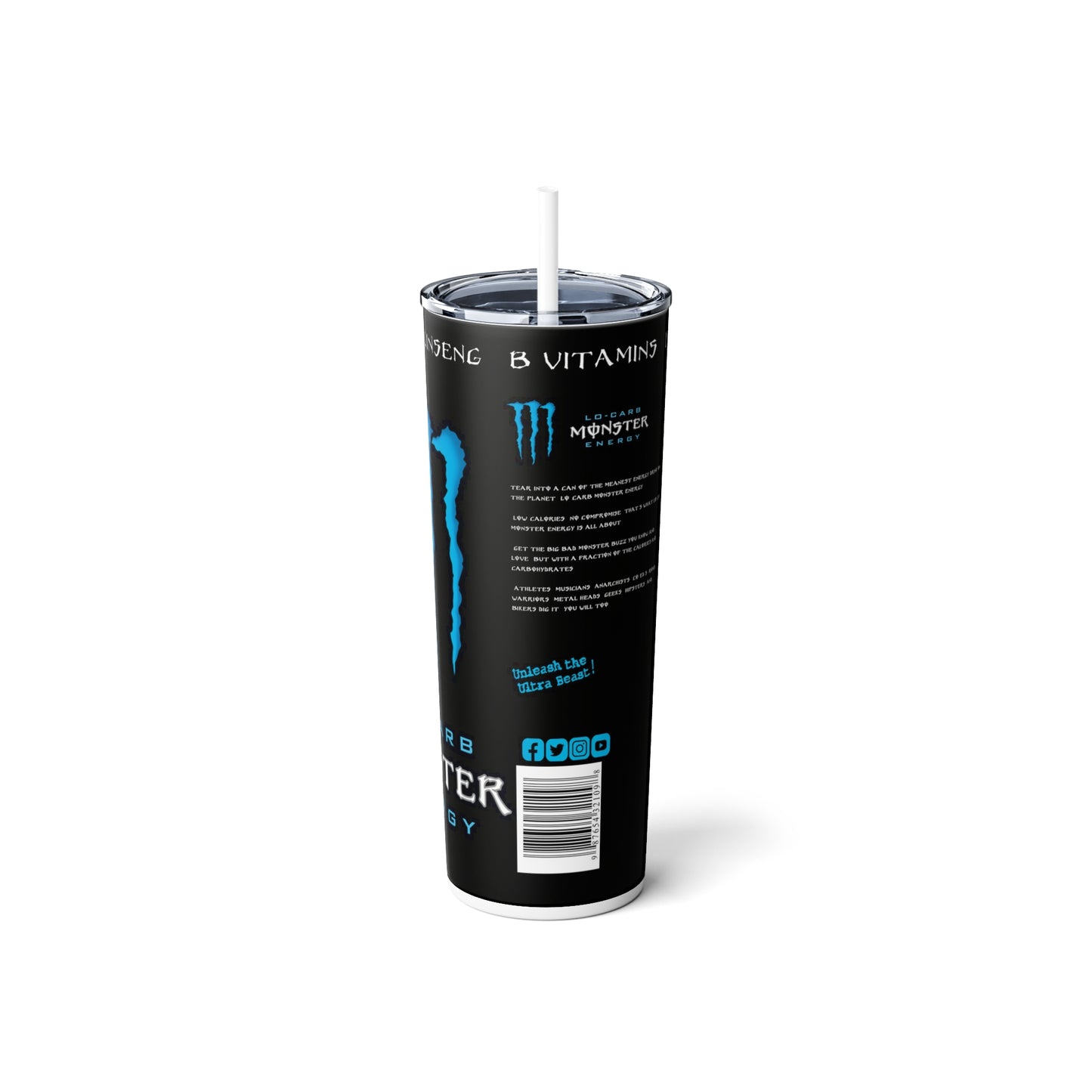 Energy Drink Inspired Skinny Steel Tumbler with Straw, 20oz