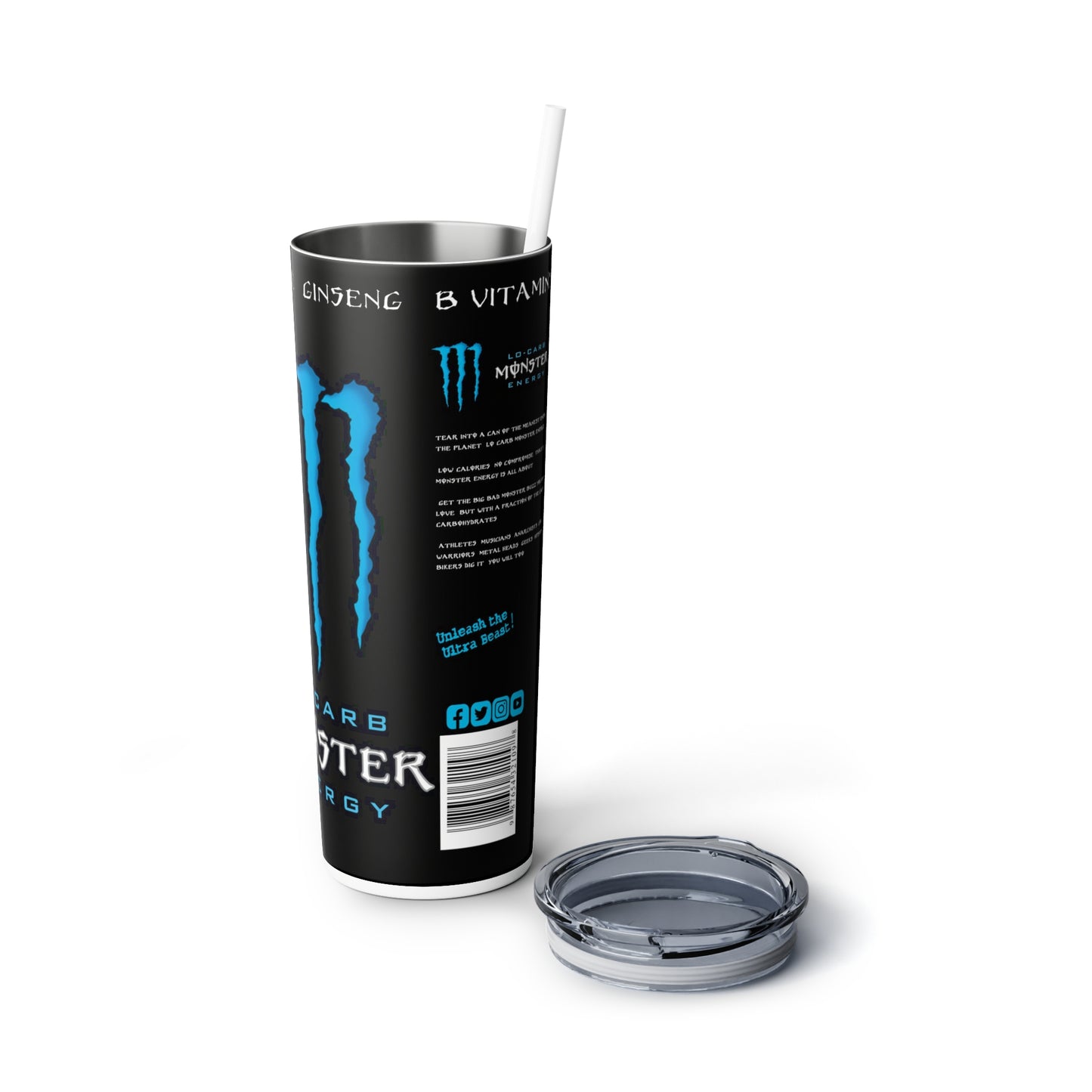 Energy Drink Inspired Skinny Steel Tumbler with Straw, 20oz