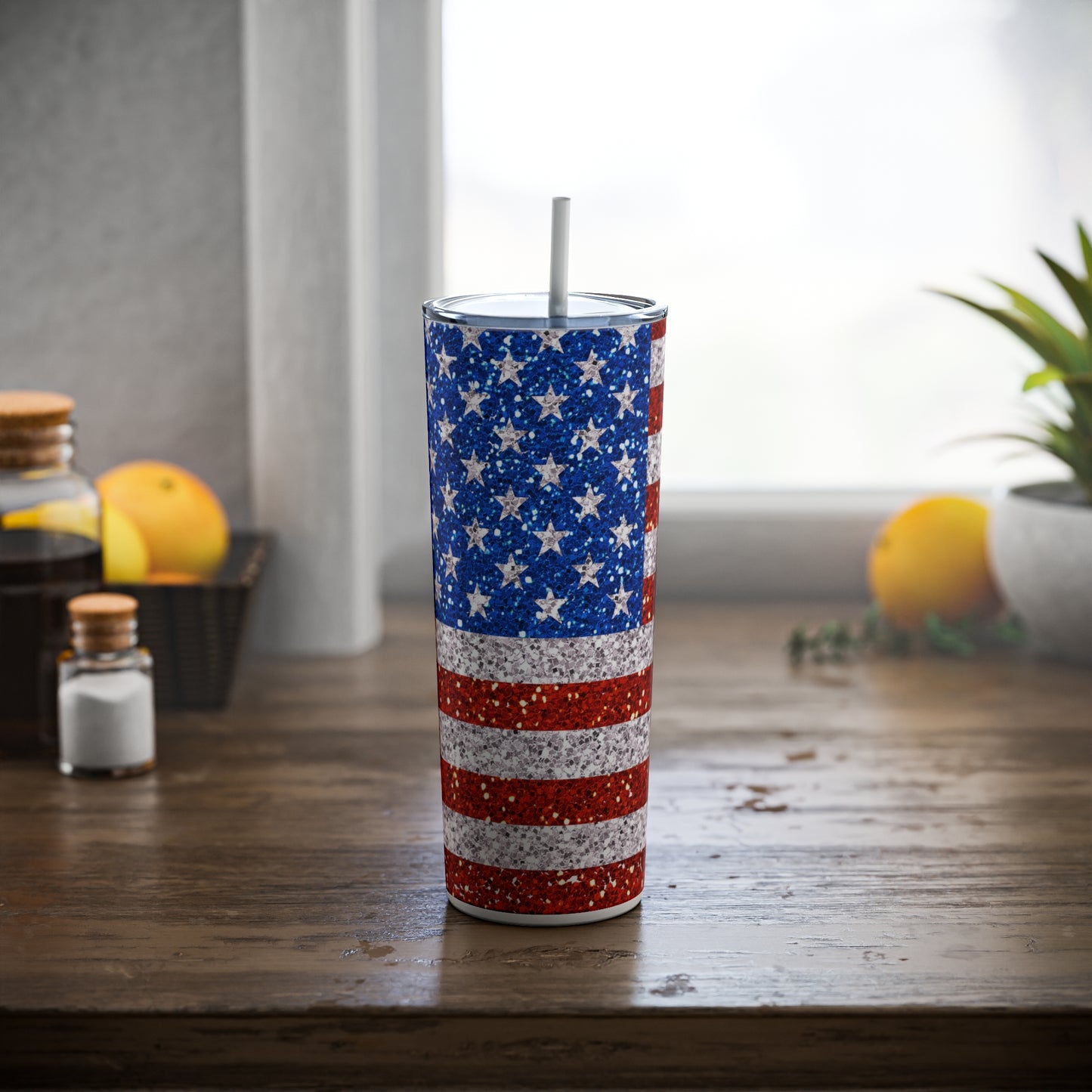 American Flag Glitter Steel Tumbler with Straw, 20oz