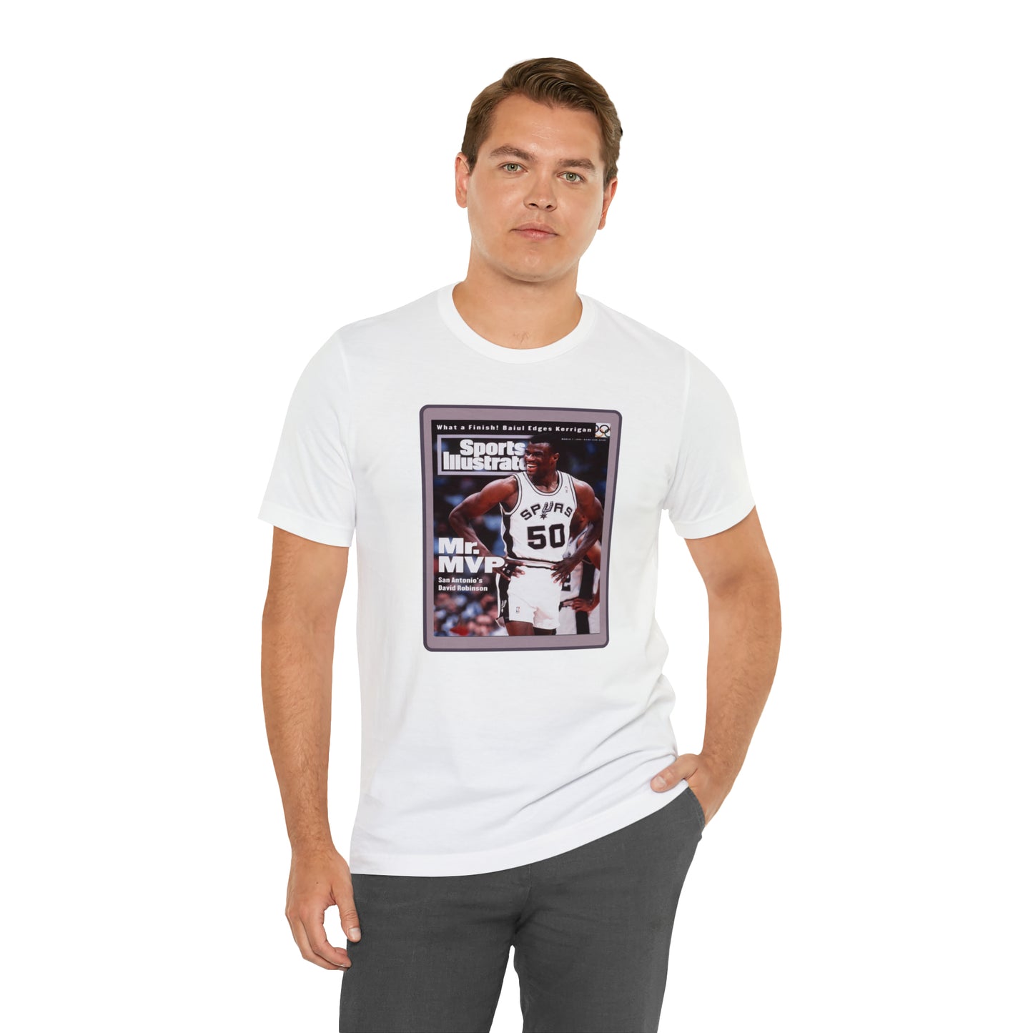 90s Throwback Spurs Basketball David Robinson Sports Illustrated Unisex Jersey Short Sleeve Tee