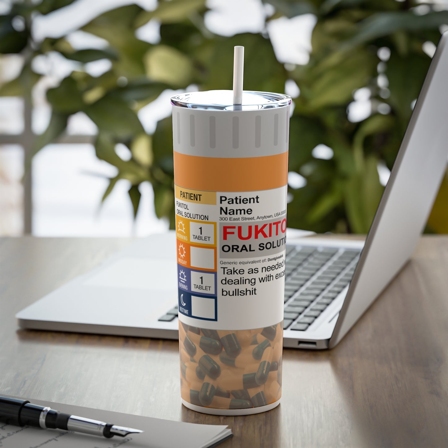 Fukitol Prescription Skinny Steel Tumbler with Straw, 20oz