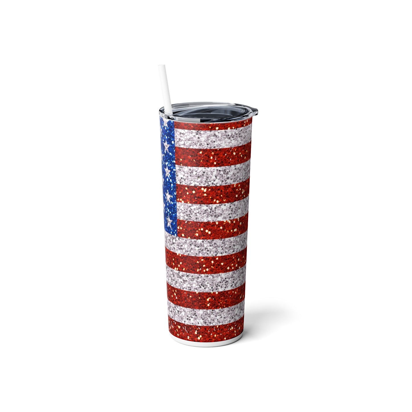 American Flag Glitter Steel Tumbler with Straw, 20oz