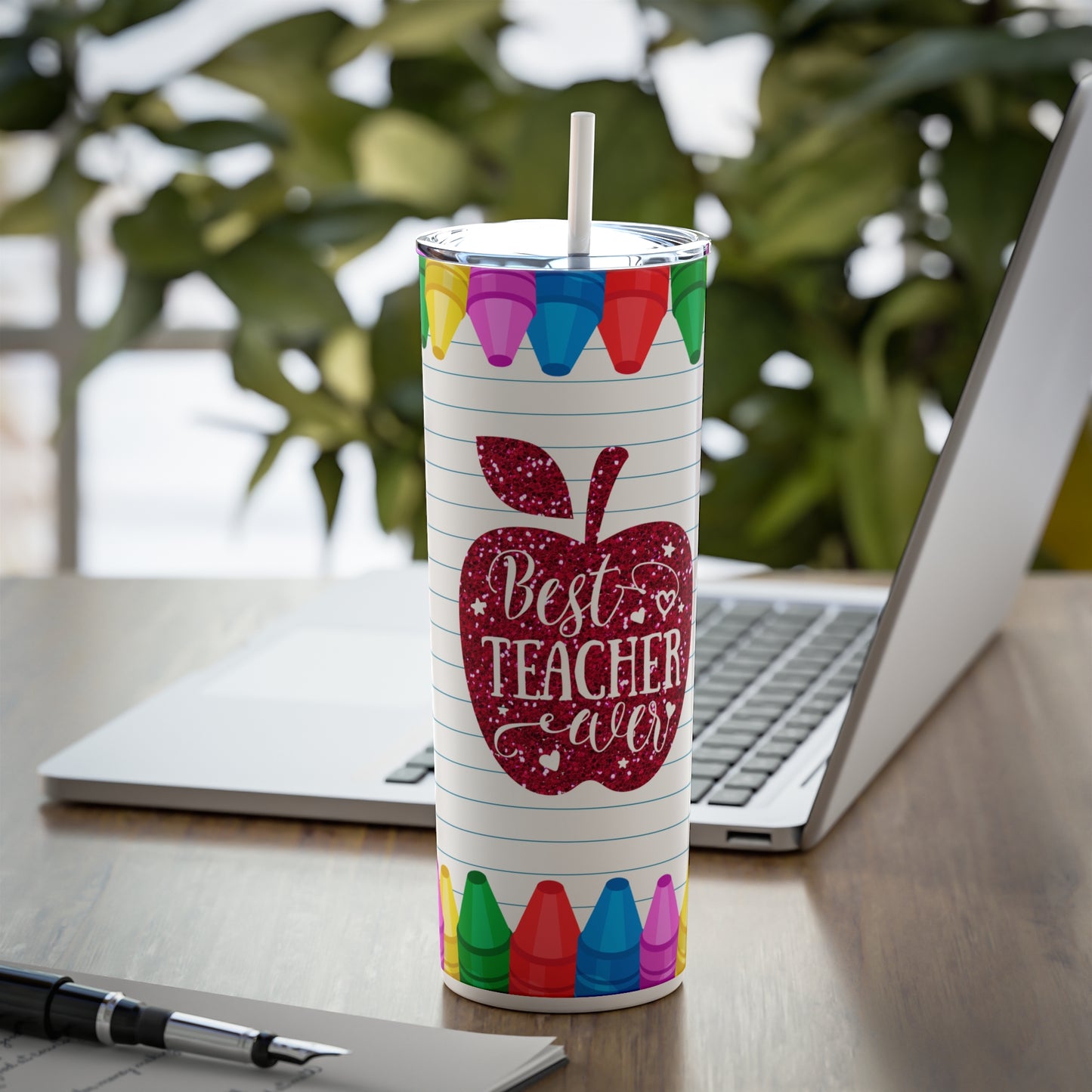 Best Teacher Ever Skinny Steel Tumbler with Straw, 20oz