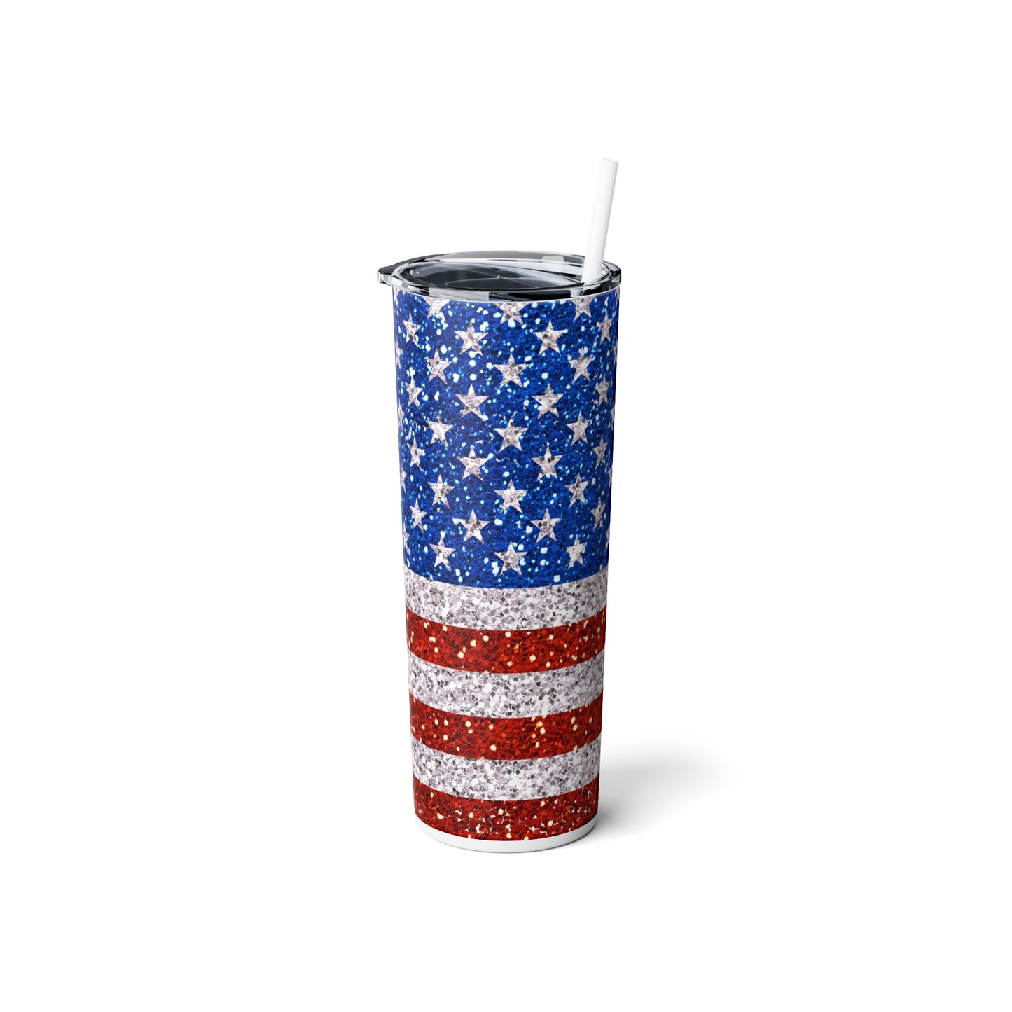 American Flag Glitter Steel Tumbler with Straw, 20oz