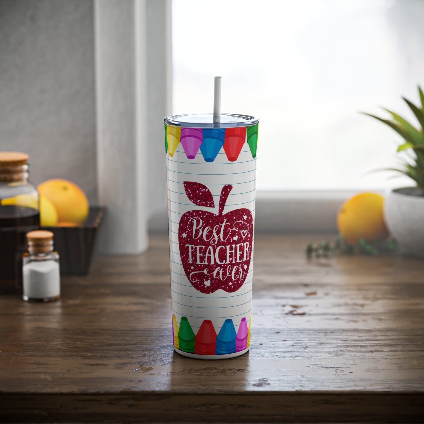 Best Teacher Ever Skinny Steel Tumbler with Straw, 20oz