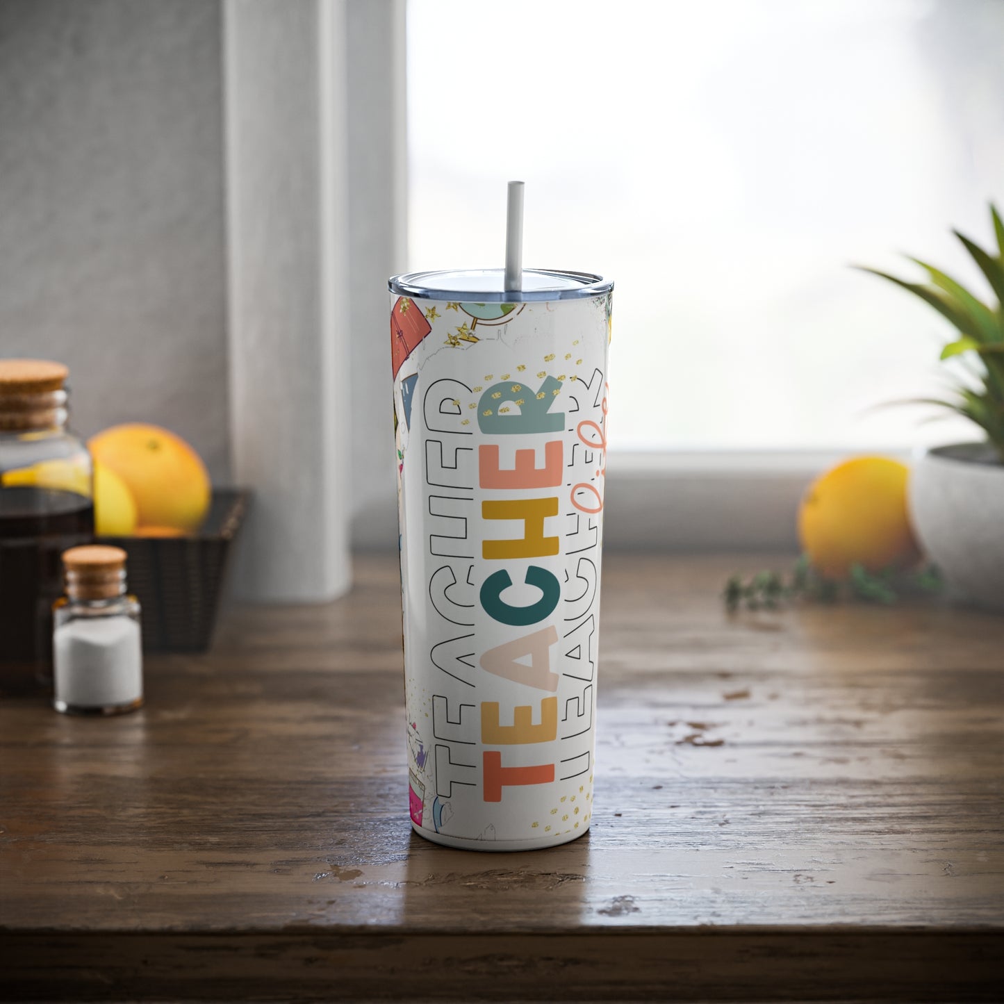 Teacher Life Skinny Steel Tumbler with Straw, 20oz
