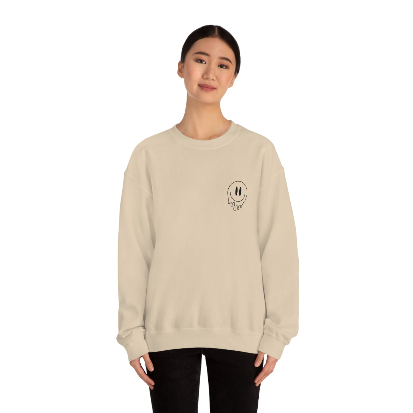 Melting Smiley Tired Moms Club Unisex DryBlend® Crewneck Sweatshirt Front/Back Print