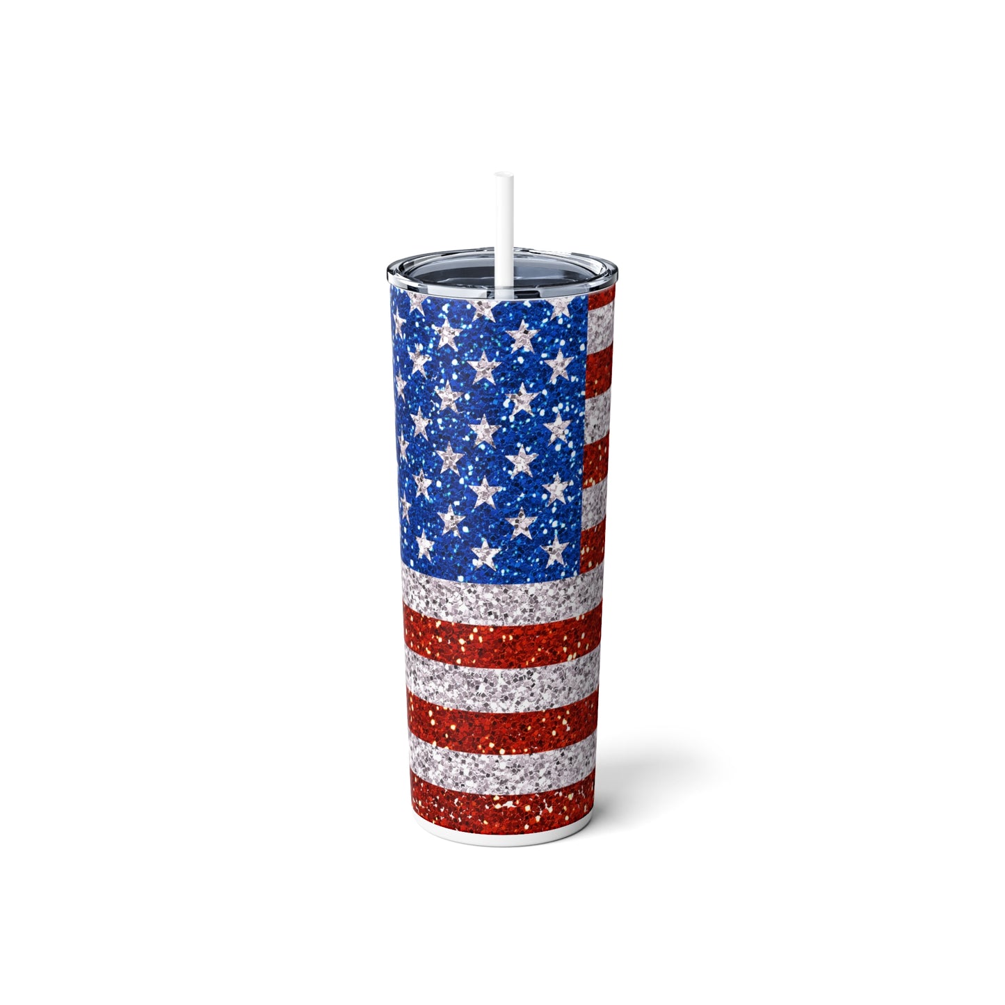 American Flag Glitter Steel Tumbler with Straw, 20oz