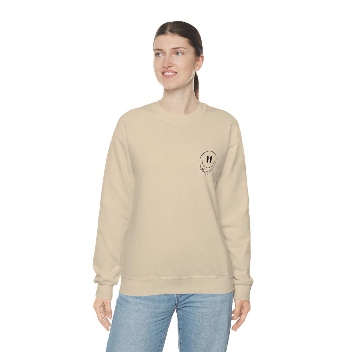Melting Smiley Tired Moms Club Unisex DryBlend® Crewneck Sweatshirt Front/Back Print